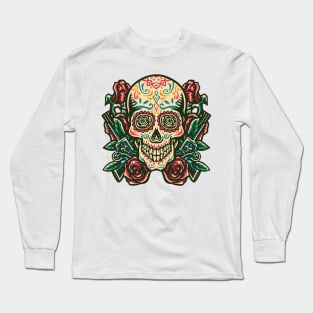 vintage sugar skull with gun rose Long Sleeve T-Shirt